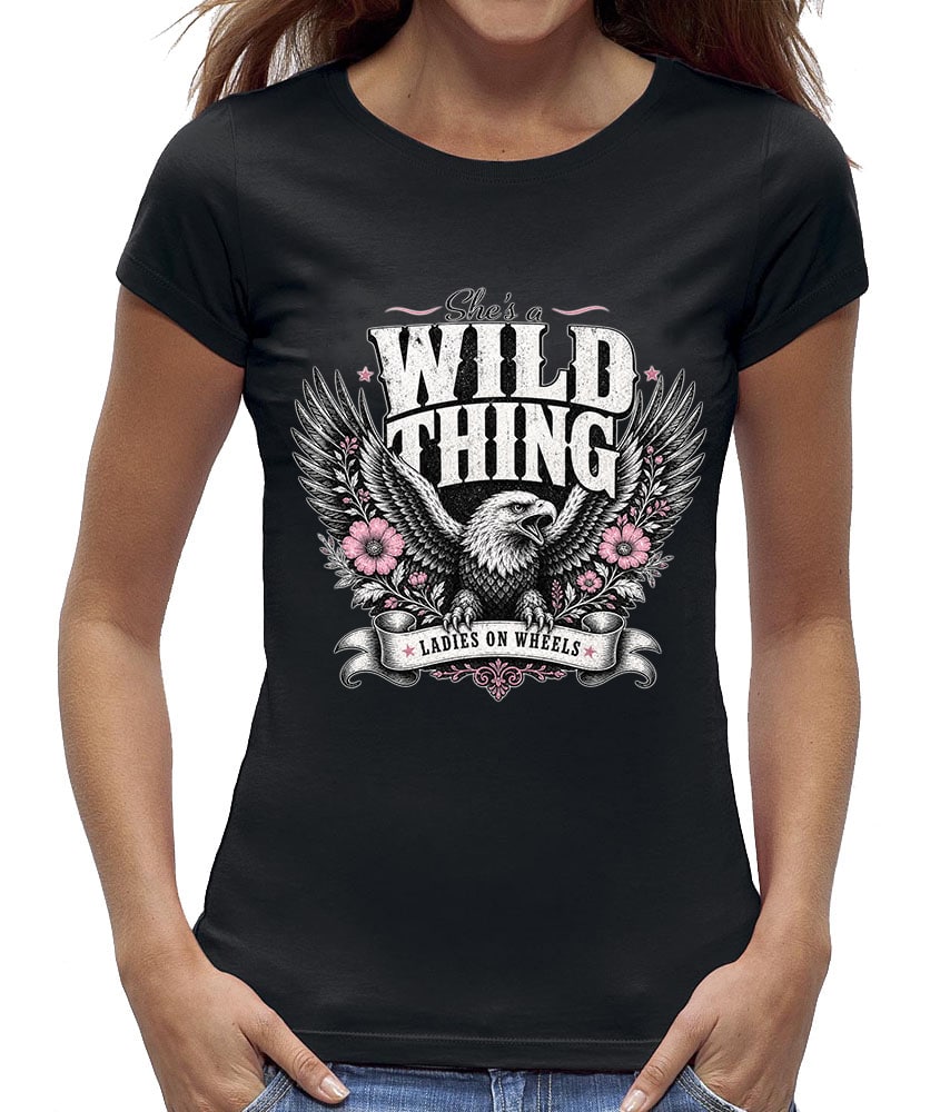 She's a Wild Thing dames t-shirt zwart - Ladies on Wheels biker shirt