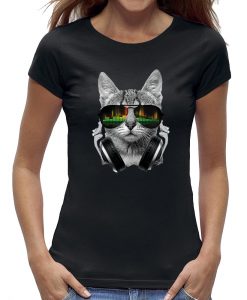 katten t-shirt met koptelefoon en zonnebril
